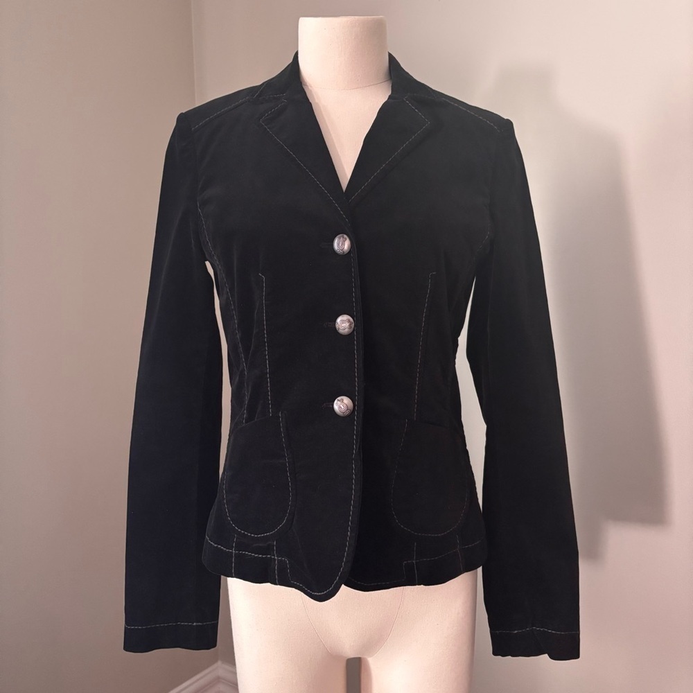 Olsen Europe Black Velvet Tailored Blazer with Contrasting Grey Stitch Sz 2